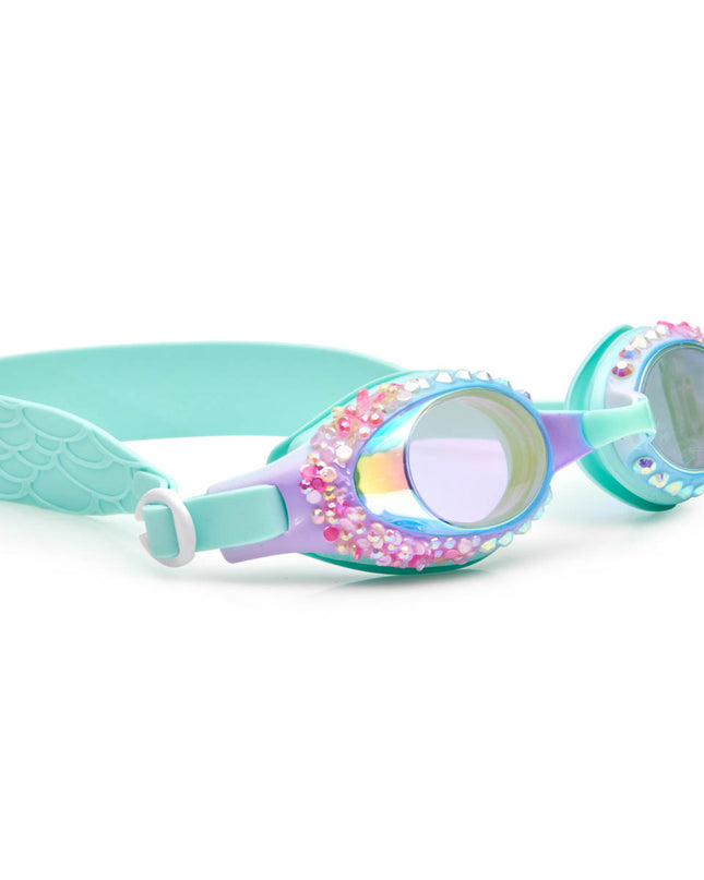 angled view of seaquin kids swim goggles in seabreeze classic shaped swim goggles showing details of rhinestones and crushed rhinestone details