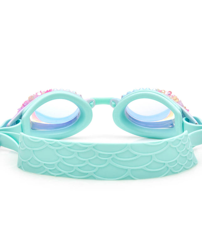 back view of seaquin kids swim goggles in seabreeze classic shaped swim goggles showing textured fishtail strap