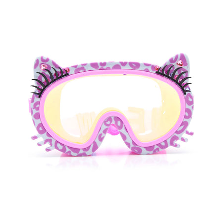 meow kids' swim mask in copy cat pink showing pink cheetah printed frame, faux whiskers and eyelashes with rhinestone