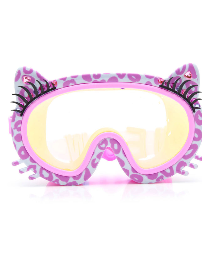 meow kids' swim mask in copy cat pink showing pink cheetah printed frame, faux whiskers and eyelashes with rhinestone