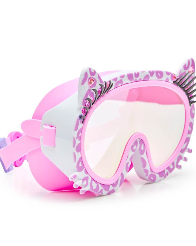 angled view of meow kids' swim mask in copy cat pink showing pink cheetah printed frame, faux whiskers and eyelashes with rhinestone