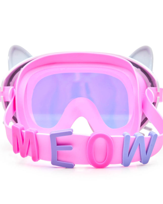 back view of meow kids' swim mask in copy cat pink showing strap featuring MEOW silicone sliders