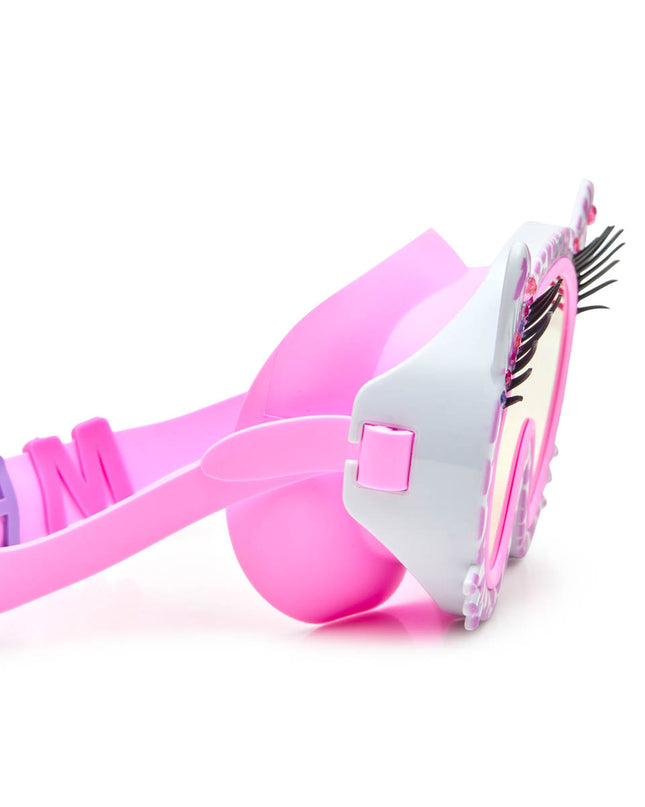 close-up view of meow kids' swim mask in copy cat pink showing pink cheetah printed frame, faux whiskers and eyelashes with rhinestone