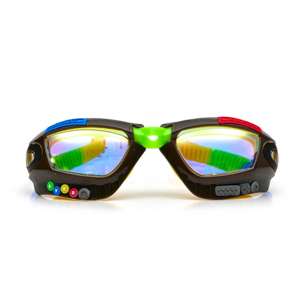 gamer kids' swim goggles in jet black showing galaxy frame with gaming details and mirrored lens
