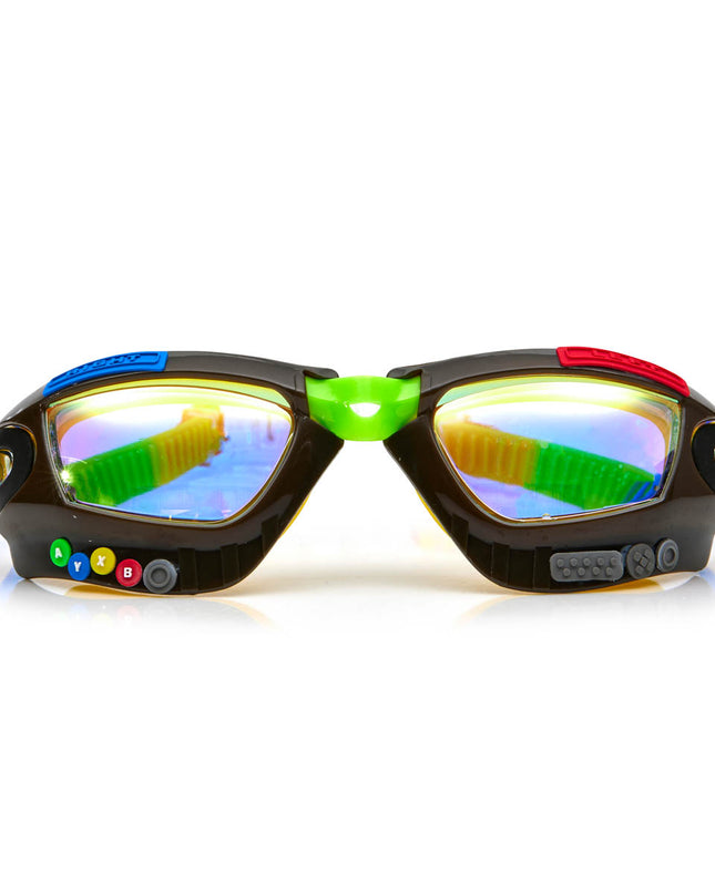 gamer kids' swim goggles in jet black showing galaxy frame with gaming details and mirrored lens